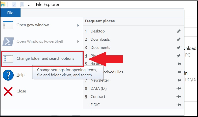 Chọn File > Change folder and search options.